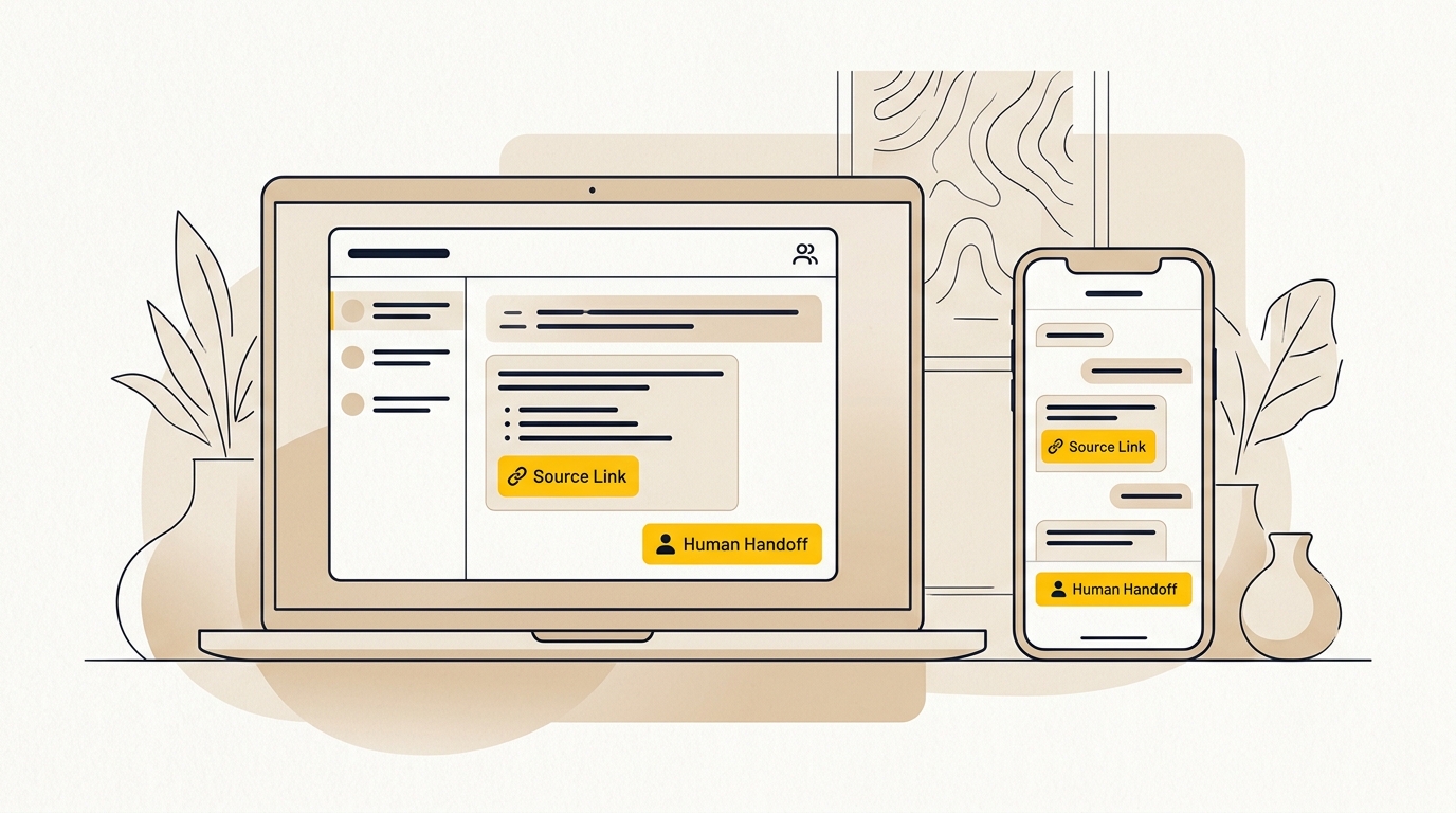 AI chatbot website design shown across desktop and mobile with a verified answer and clear route to a person.