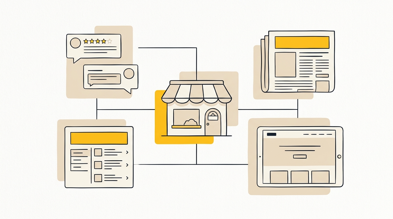 Diagram showing reviews, directory listings, press mentions and a business website connected to AI recommendations.