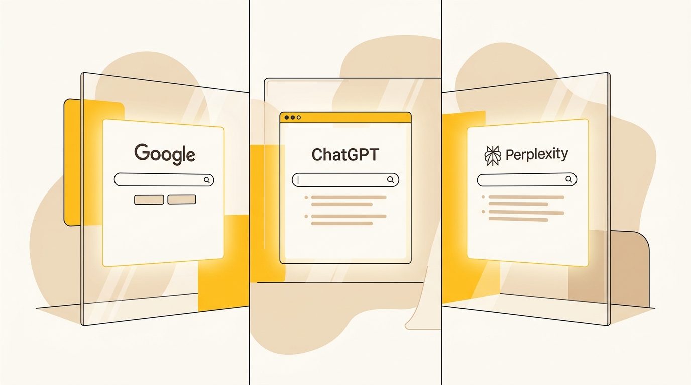 Minimalist comparison illustration of AI search engine interfaces on modern glass screens