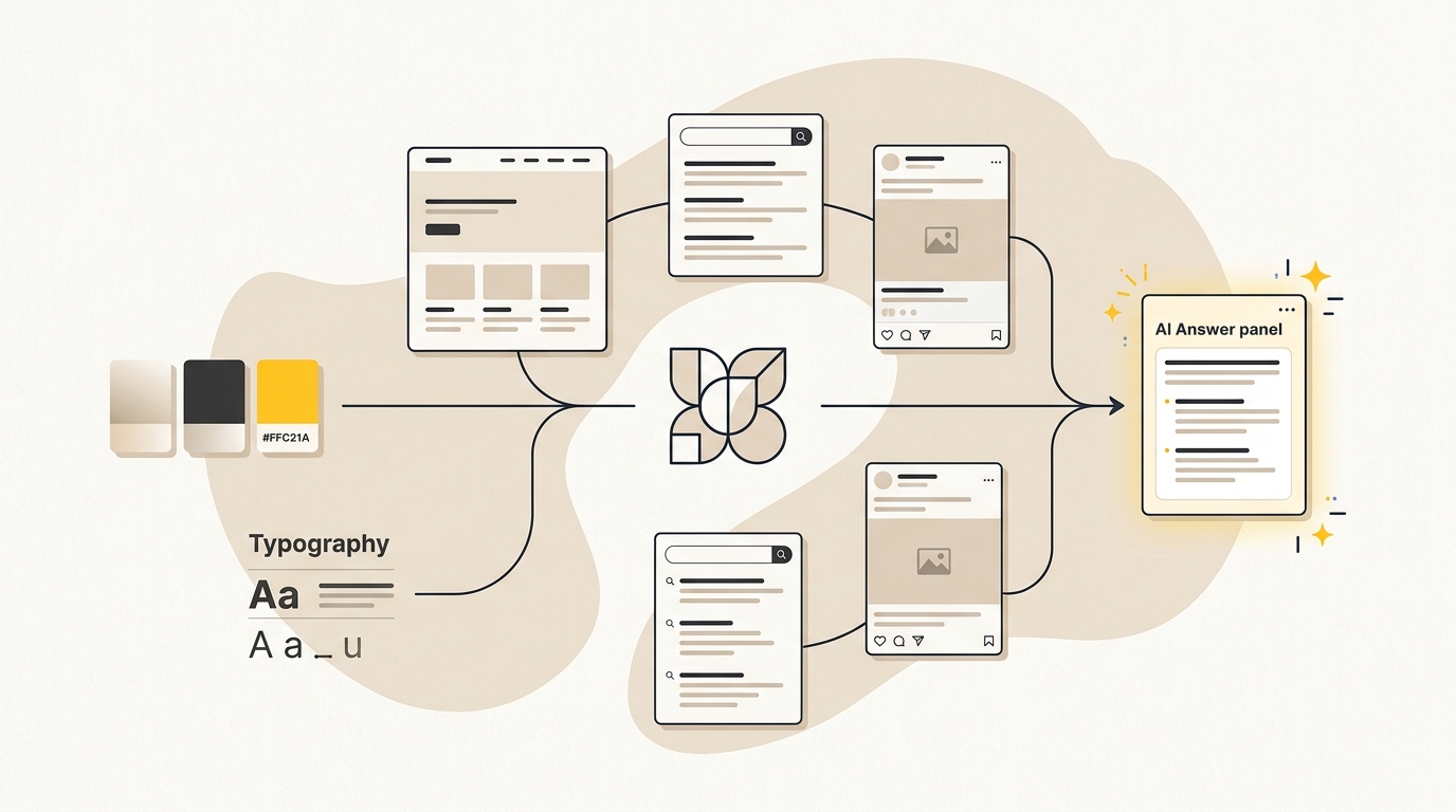 A consistent brand identity connecting website, social and AI search answer cards.