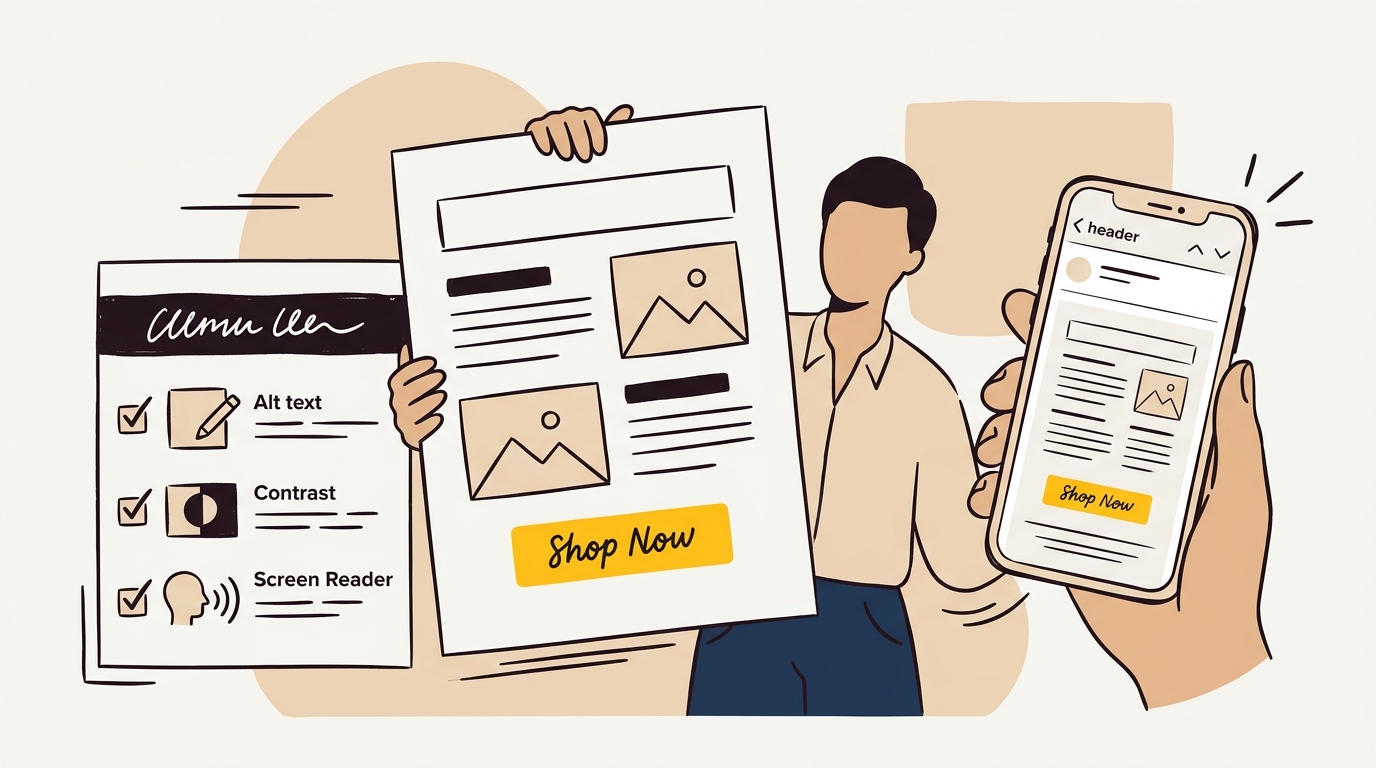 A small business owner compares Canva email design with a mobile inbox preview and checks layout, readability and accessibility.