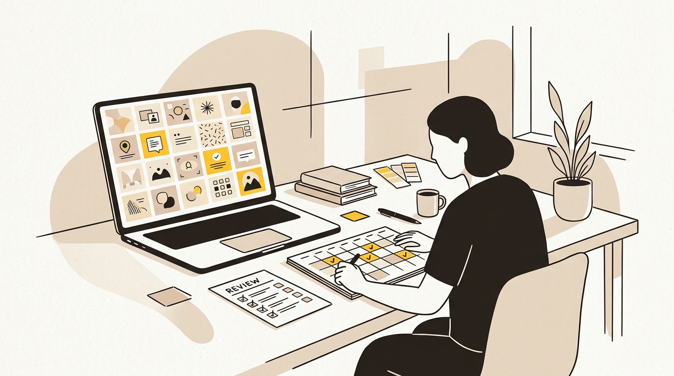 A social media manager arranging a monthly grid of branded posts as part of a Canva social media workflow.