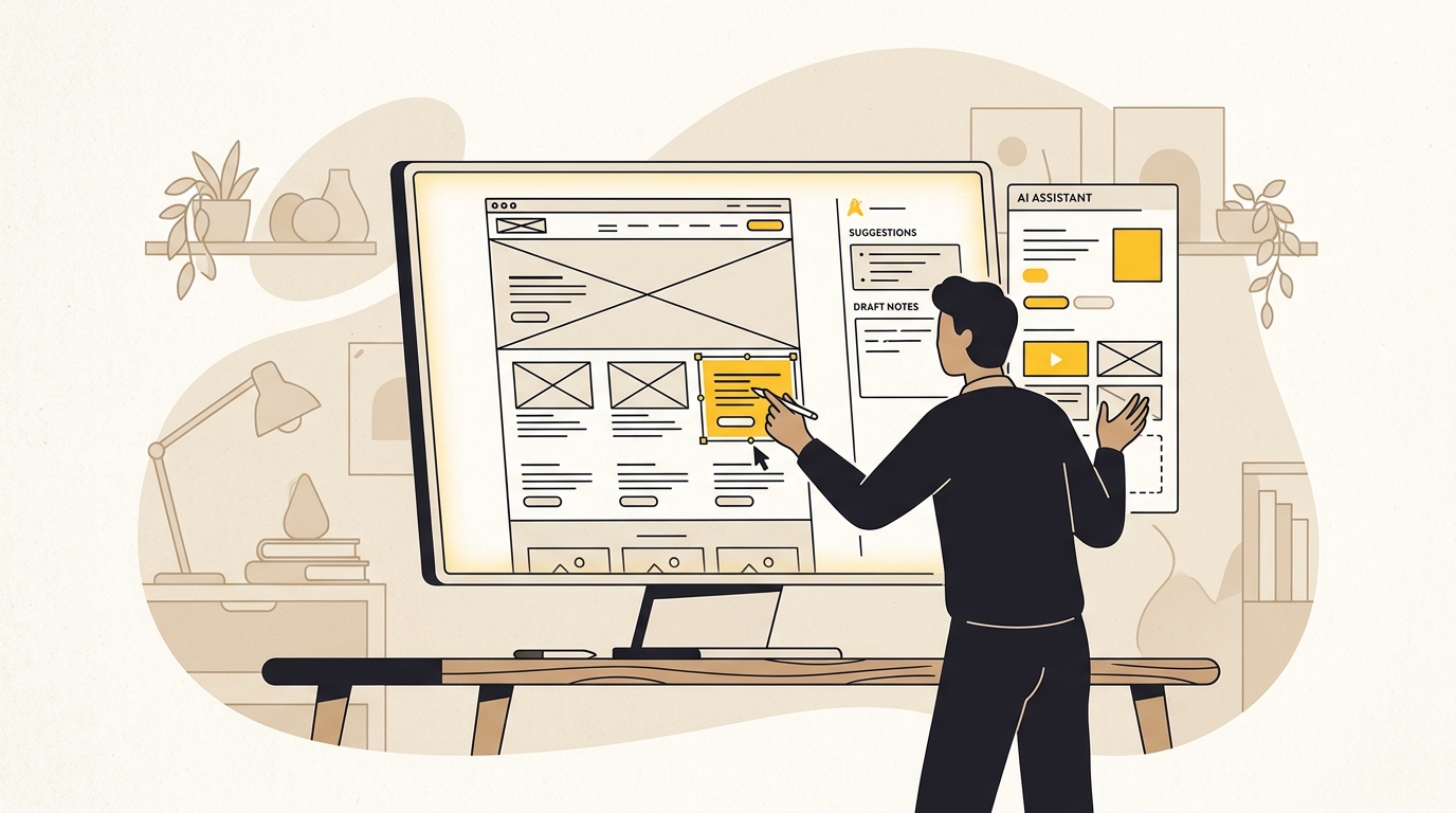 A designer reviewing an AI-assisted website layout and making the final design decisions for Claude for designers.