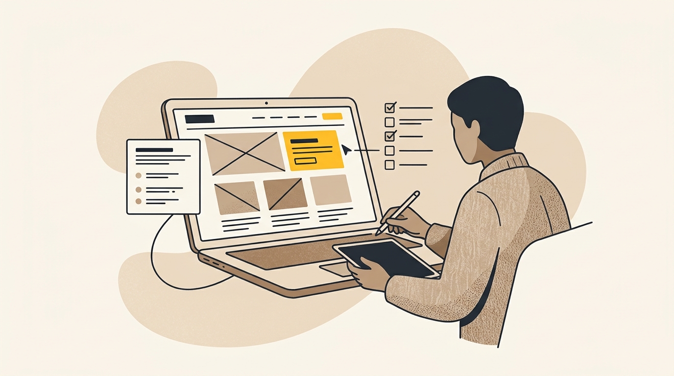 A designer reviewing website research, copy and quality checks while using Claude for website design.