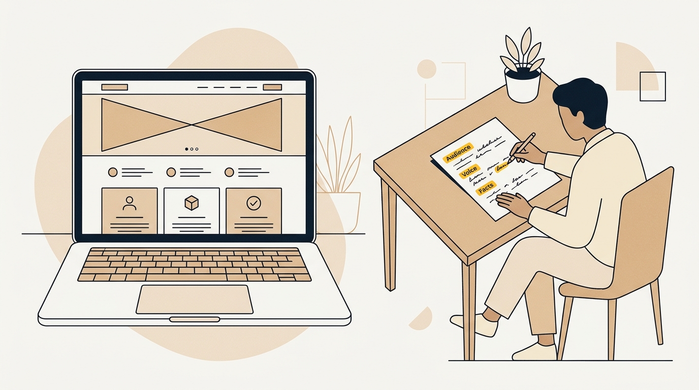 A founder shaping a Claude prompt for website copy beside a structured website wireframe.