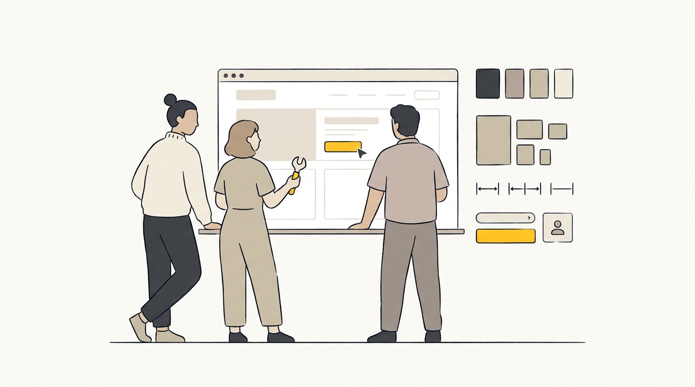 A small team building a practical design system for small teams from shared interface components and visual rules.