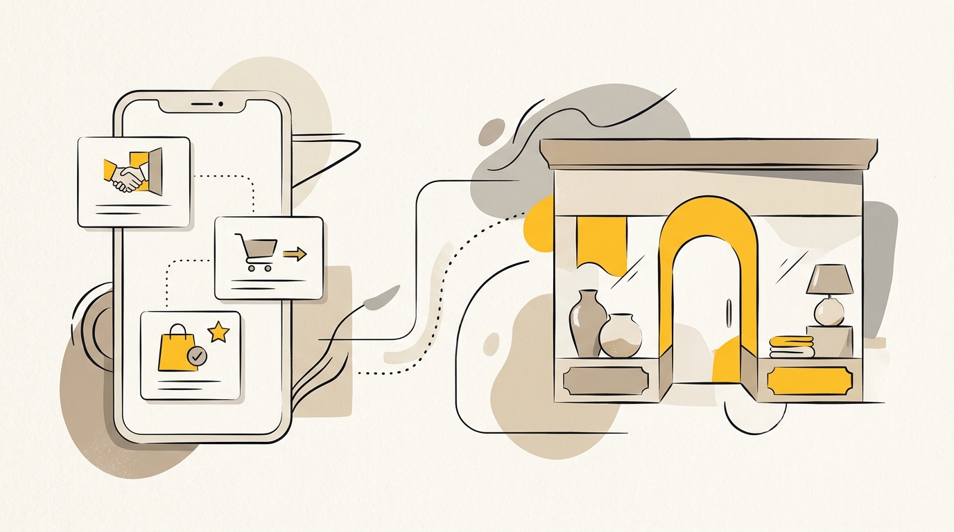 Ecommerce email design concept showing welcome, cart reminder and post-purchase emails connected to an online store.