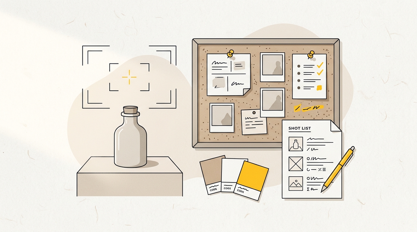 A product, camera framing guides and a shot list arranged for an ecommerce product photography shoot