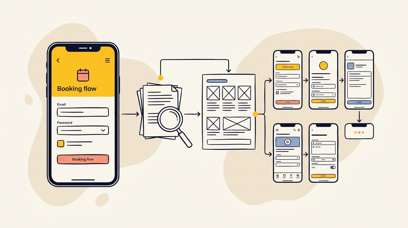 Mobile app design cost explained through a founder’s journey from research and wireframes to finished app screens.
