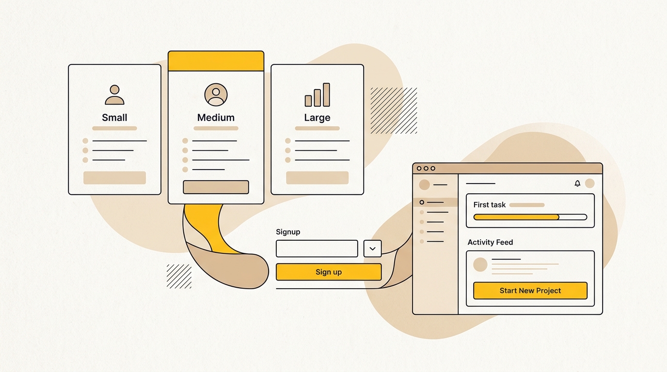 SaaS pricing page design shown as a journey from plan comparison to signup and first-use dashboard