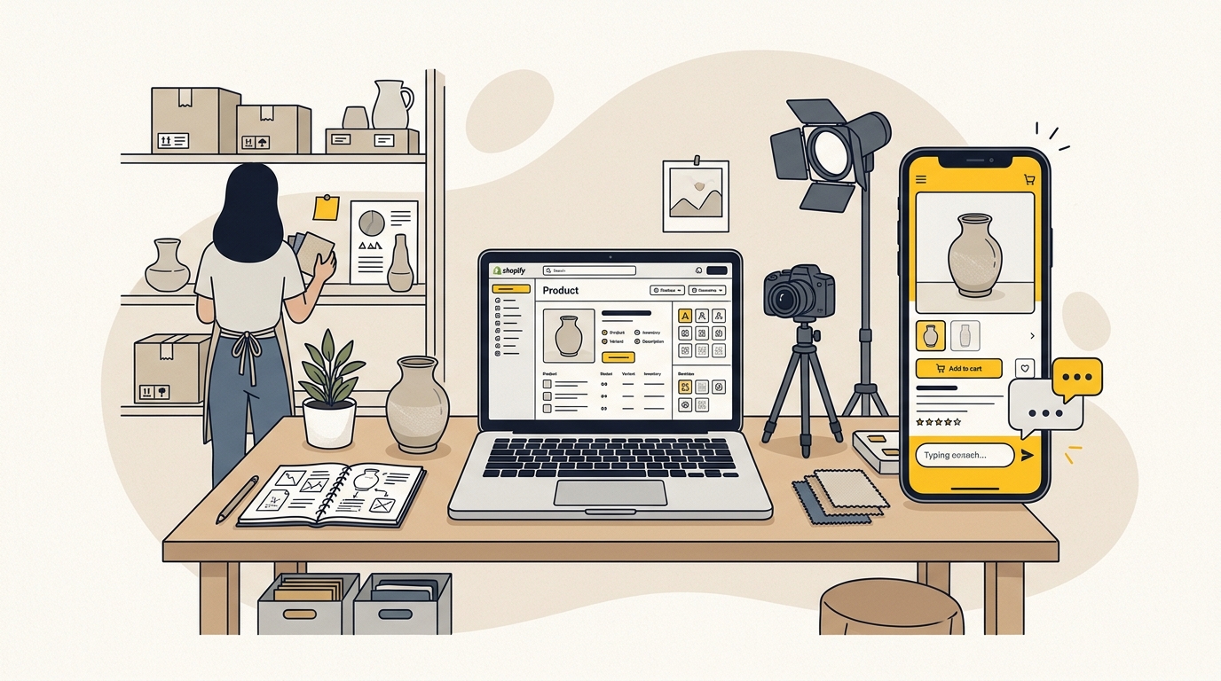 Shopify agentic commerce checklist showing a clear product catalogue and mobile product page prepared for AI shopping.