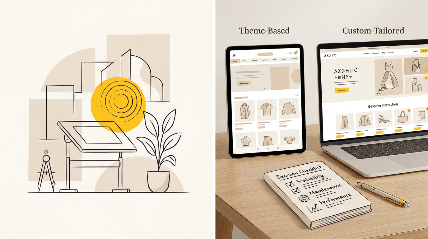 Side-by-side storefront design concepts illustrating the shopify custom theme vs premium theme decision.