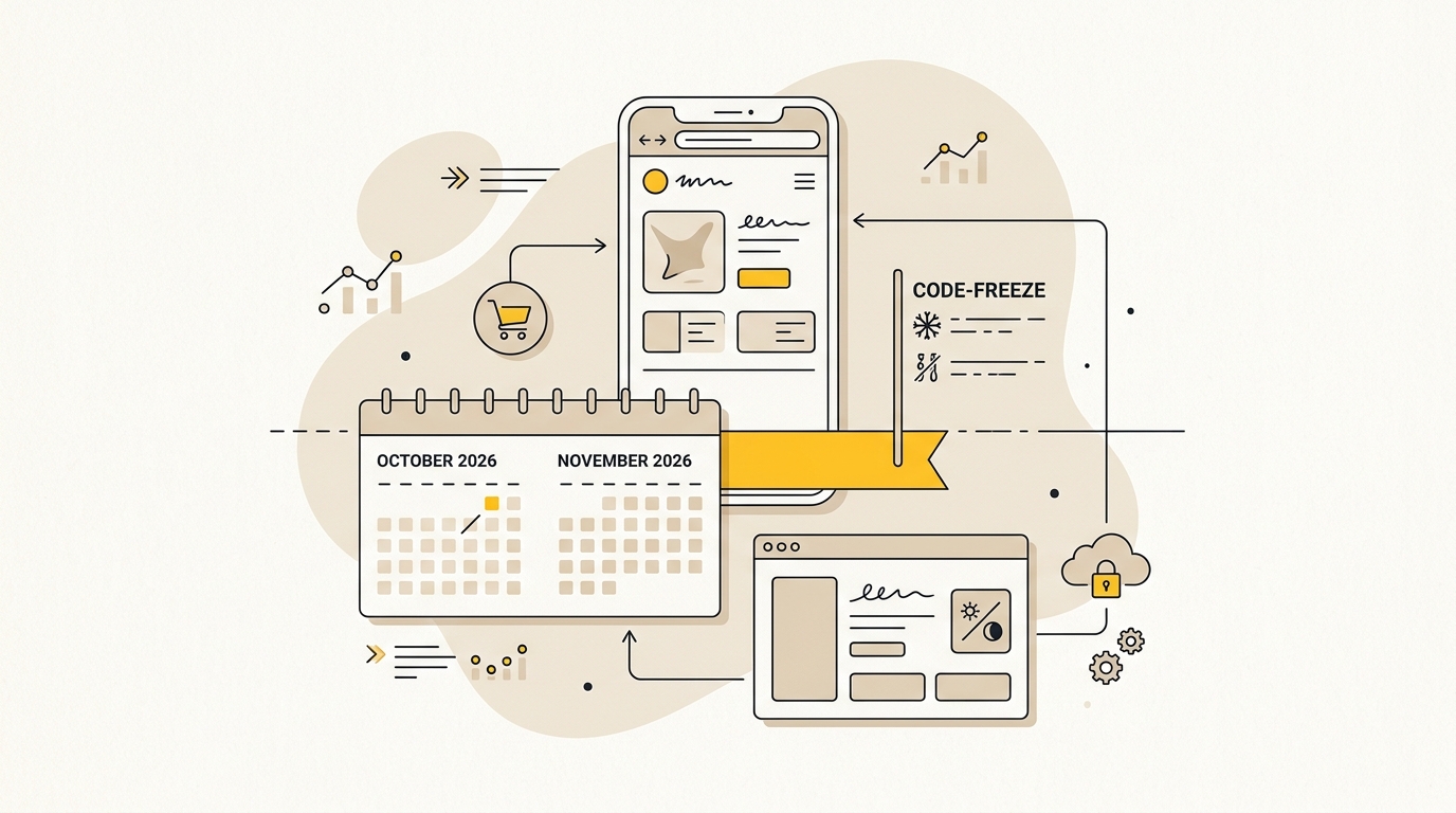 A mobile shop design beside a relaunch calendar and fallback theme, illustrating a Shopify relaunch before Black Friday.