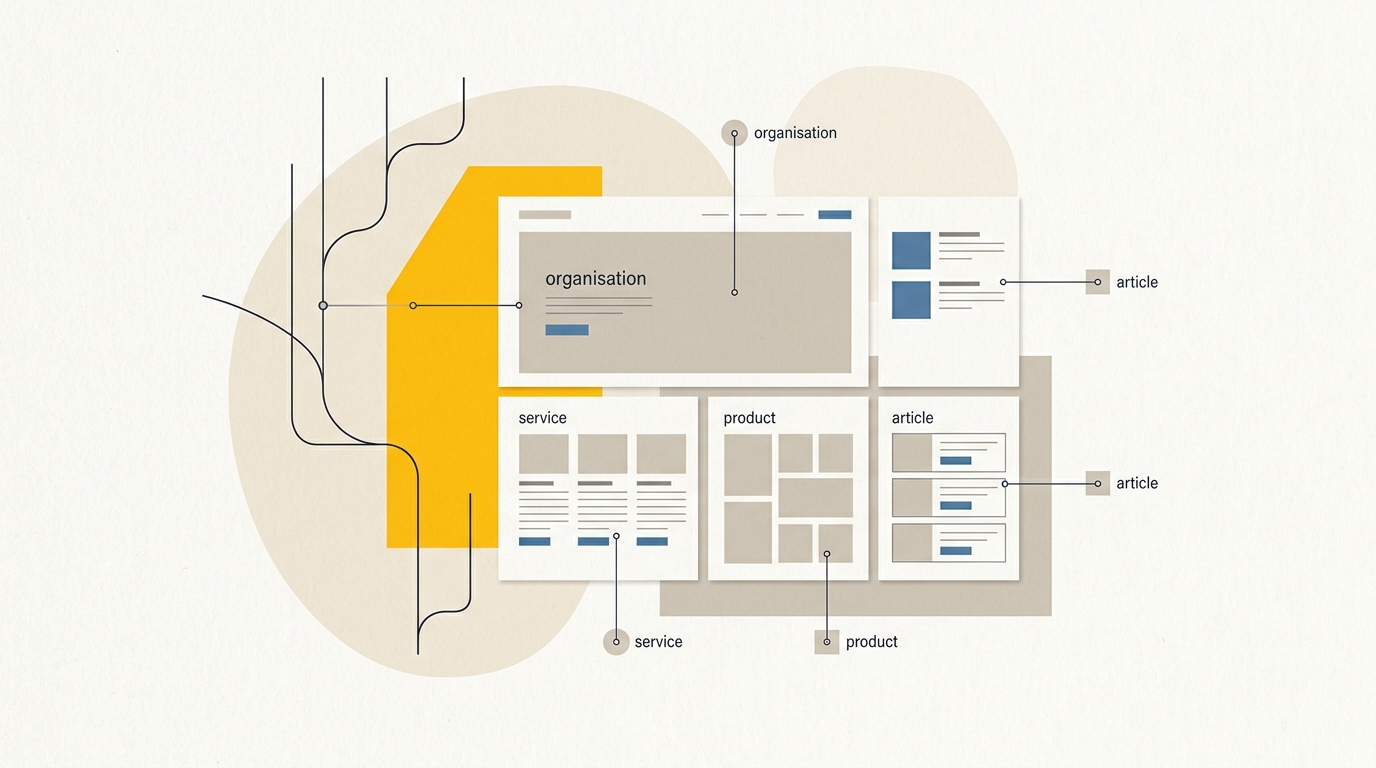 A clear website layout connected to structured data labels for AI search.