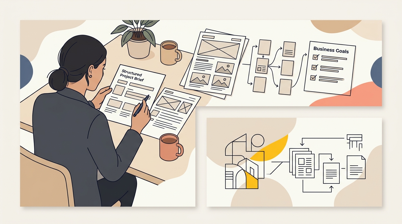 Marketing manager organising a website redesign brief template beside website wireframes and a project checklist.