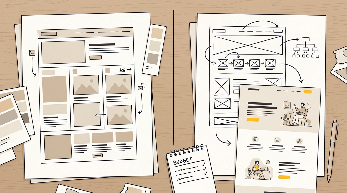 Two website design approaches, a template refresh and a bespoke rebuild, shown alongside planning sketches for website redesign cost.