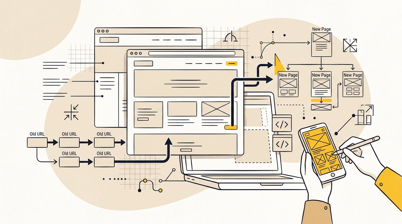 A designer checks a mobile website redesign and maps redirects as part of a website redesign SEO checklist.