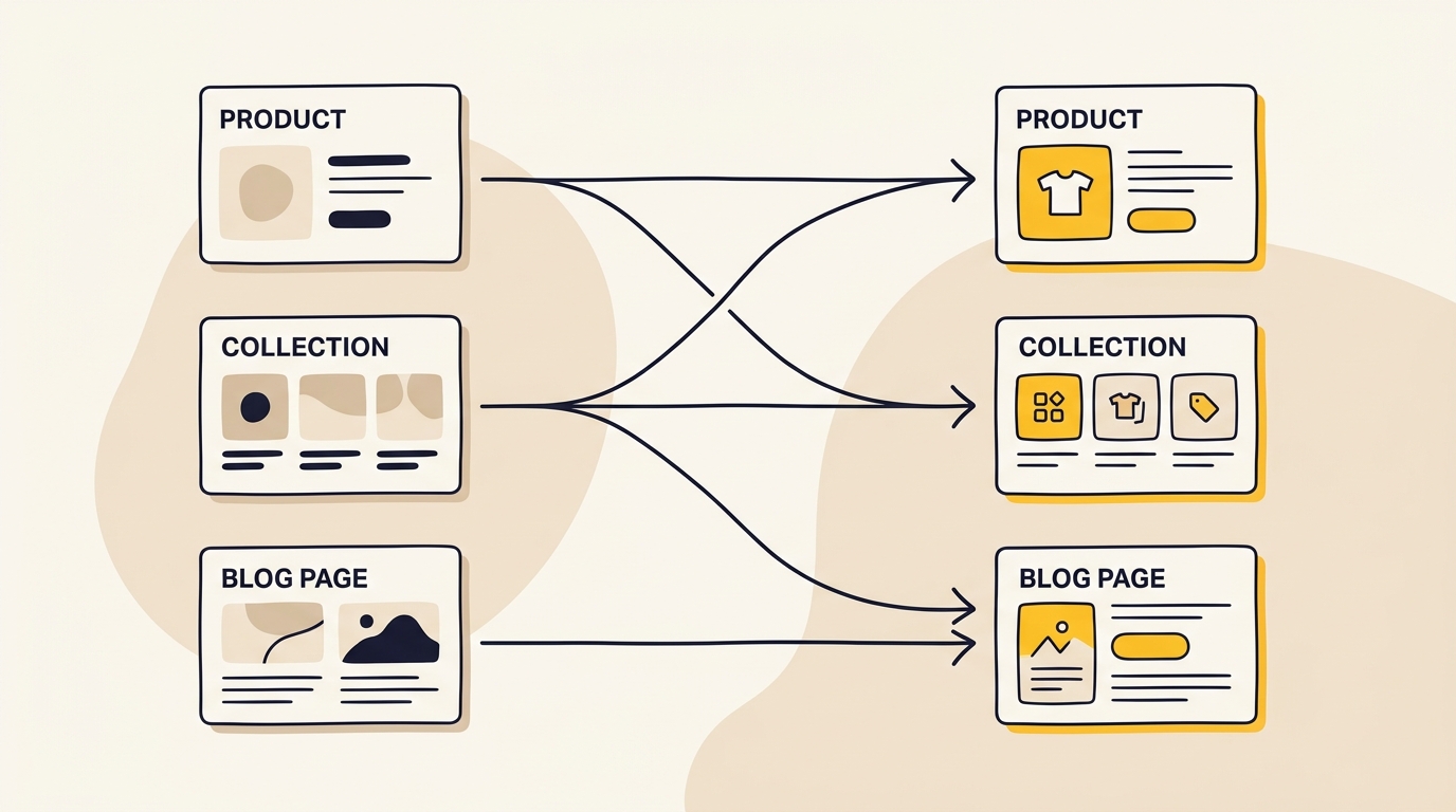 A redirect map connecting WooCommerce pages to Shopify pages for a WooCommerce to Shopify migration.